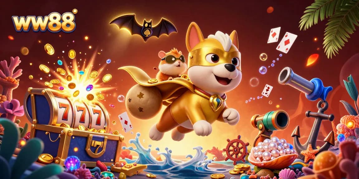 Engaging scene of the ww88 casino adventure featuring a superhero dog and sidekick amidst slot reels and treasures.