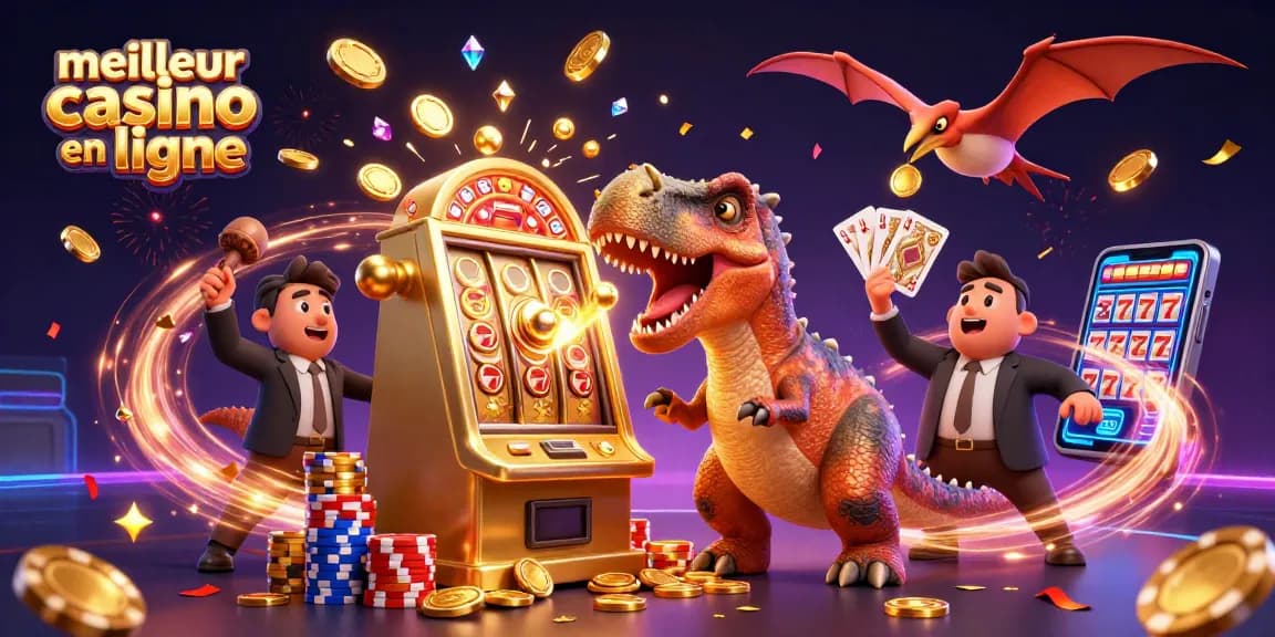 Illustration d'un meilleur casino en ligne avec un pachycéphalosaur qui frappe une machine à sous dorée.