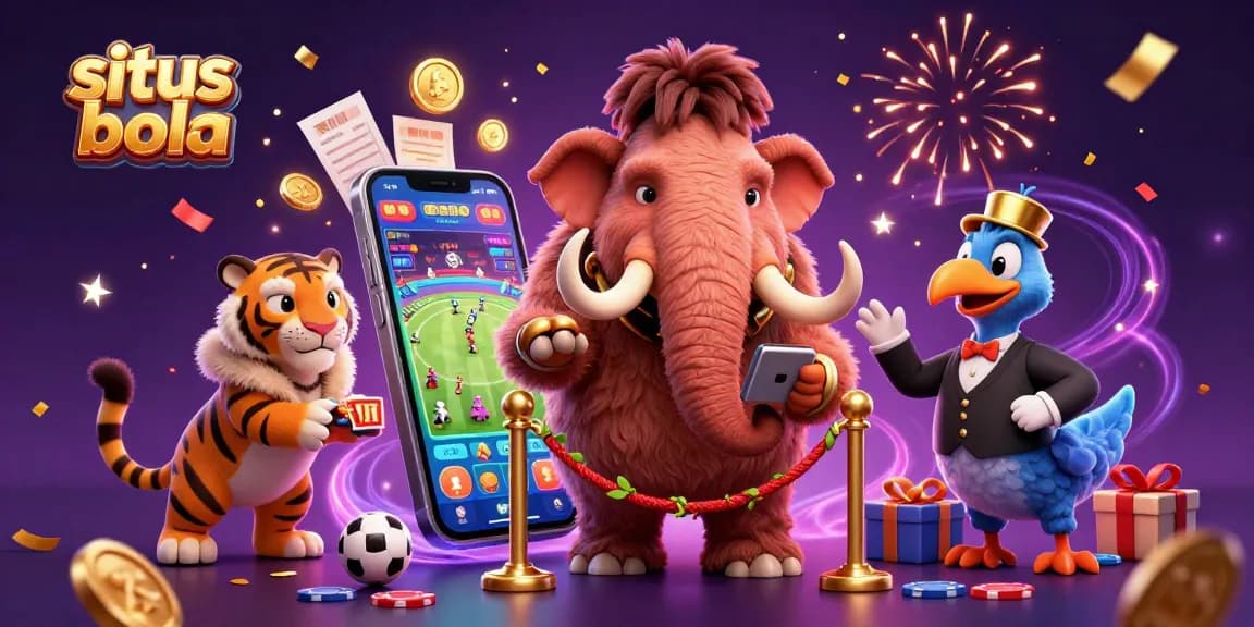 Situs bola showcases dynamic sports betting with a vibrant 3D bouncer and characters at a fantastical casino door.