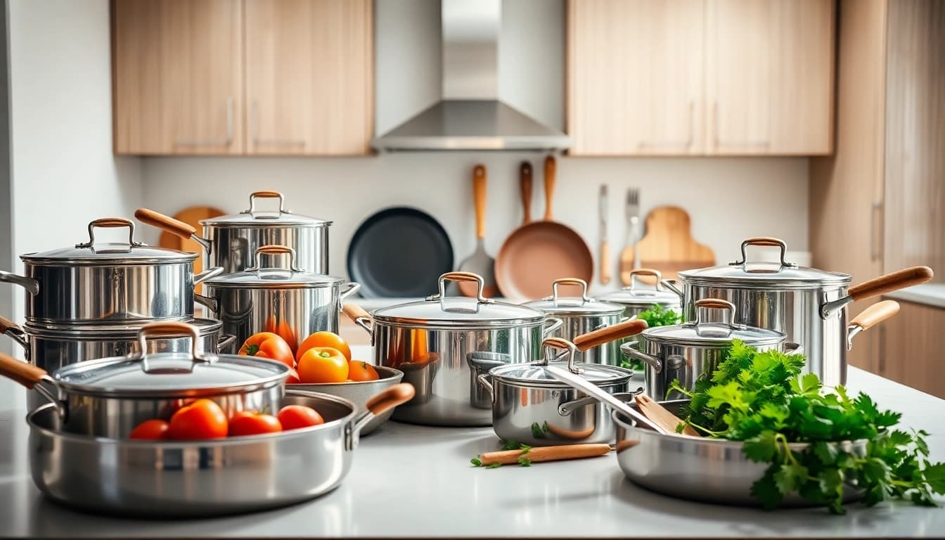 Showcase of cookware NZ with polished pots and pans in a stylish kitchen.