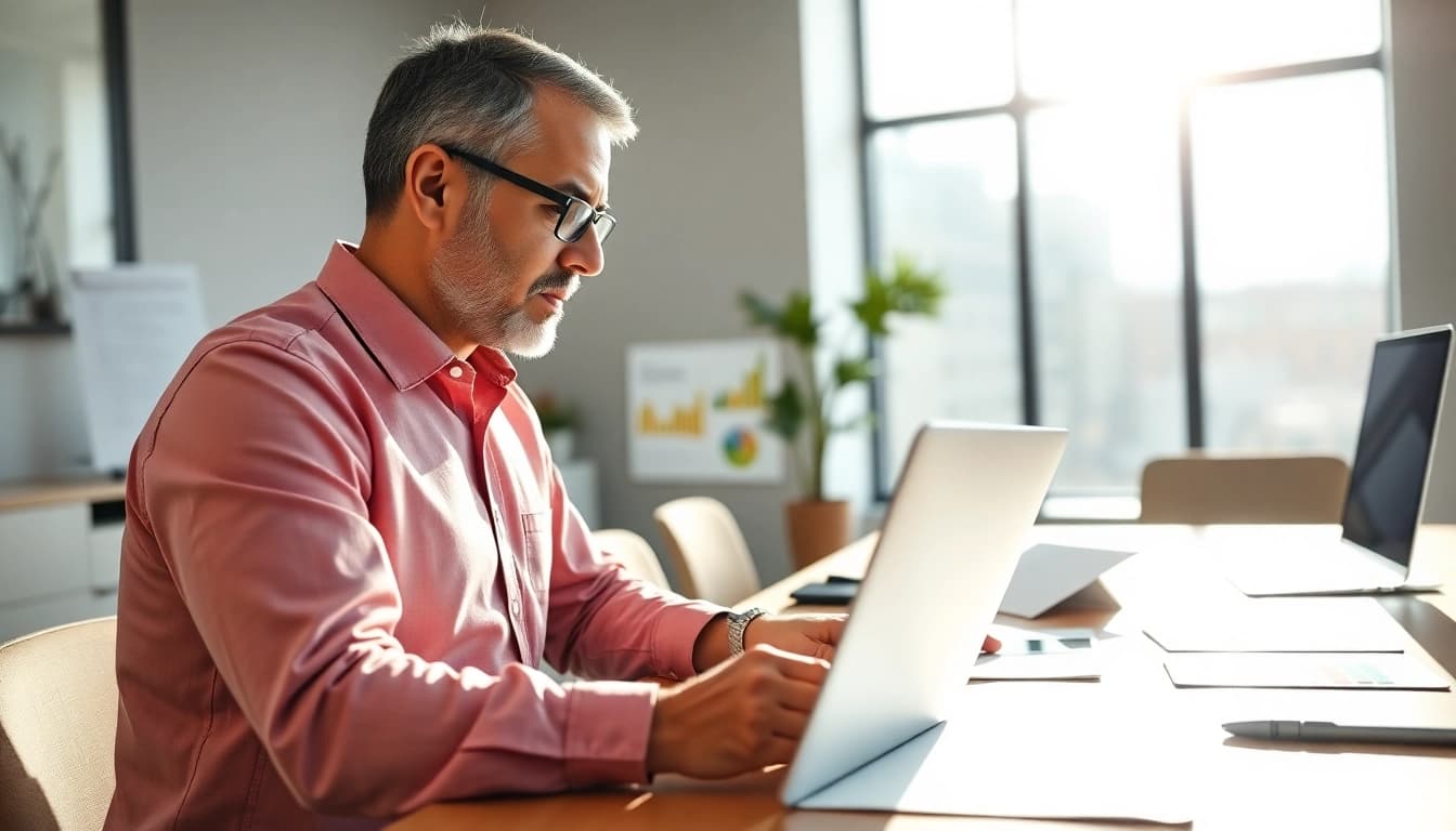 Consultant reviewing Registration and certification in Federal databases on laptop in a modern office.