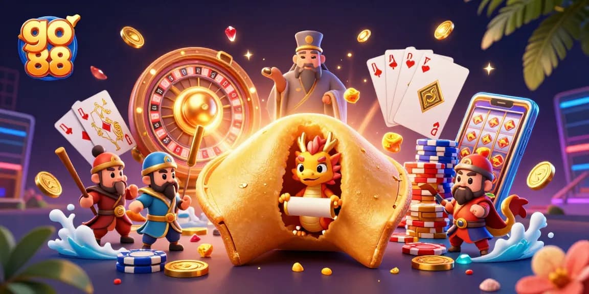 Experience luck with go 88 in a vibrant casino scene featuring golden treasures and animated characters.