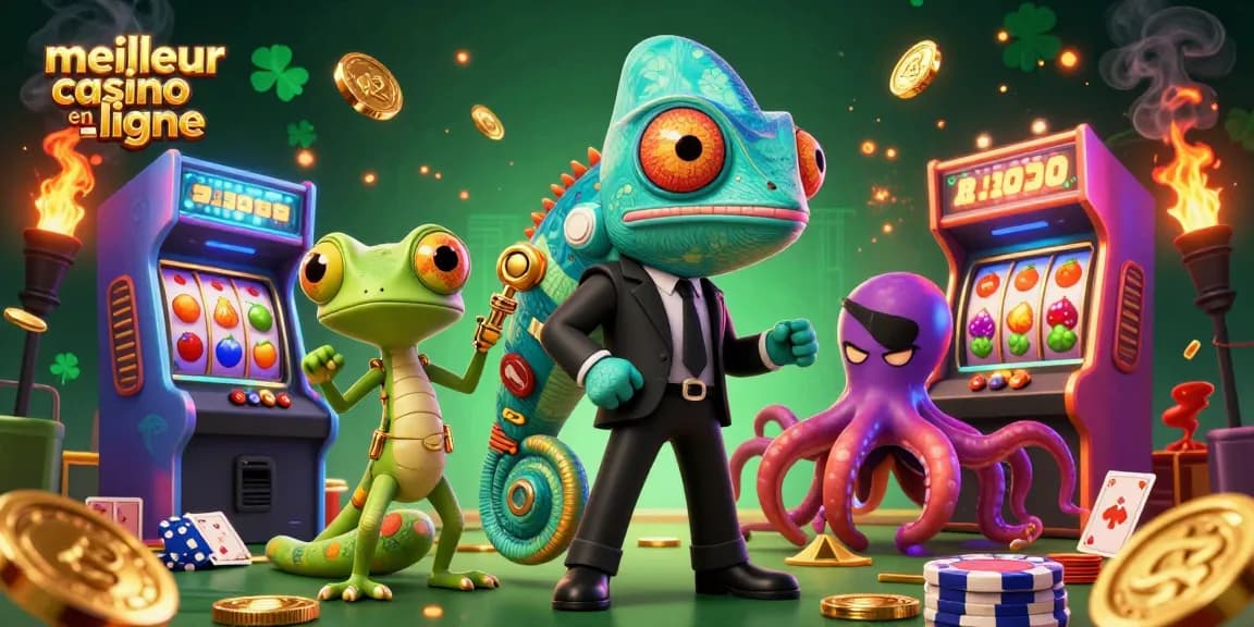 Représentation dynamique d'un caméléon agent secret et d'un gecko tech avec "meilleur casino en ligne".