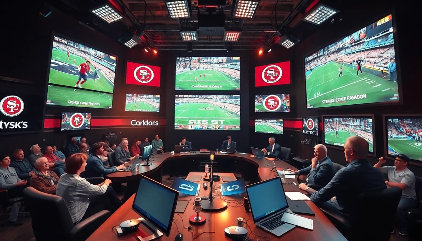 Engaging scene of sports broadcasting featuring commentators and live sports events.