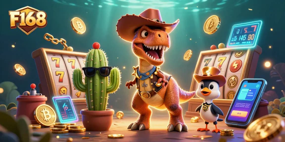 Experience the thrill at F168 with T-Rex and friends enjoying a vibrant slot game adventure.