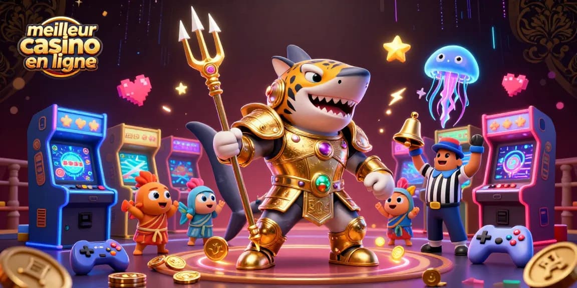 Meilleur casino en ligne avec une scène de jeu dynamique illustrant un requin tigre en armure dorée et des machines à sous colorées.