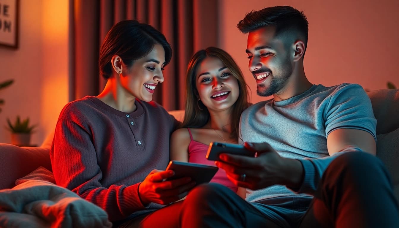 Cozy scene depicting a couple engaging with AI technology in a warm setting, emphasizing ai sex interactions.