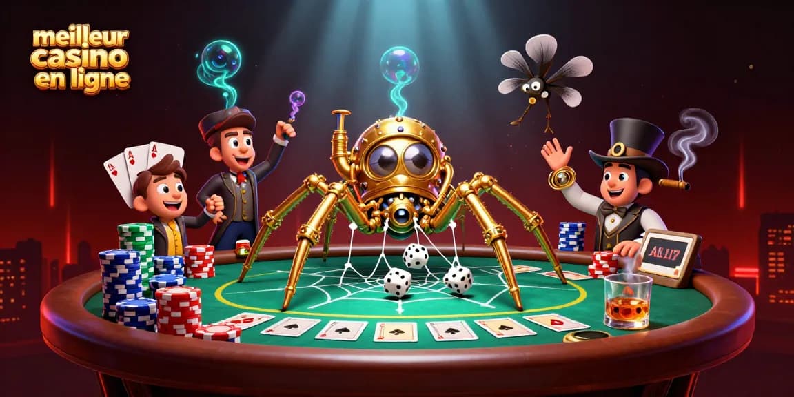 Visualisez le meilleur casino en ligne avec une araignée steampunk dorée tissant un réseau de jetons.