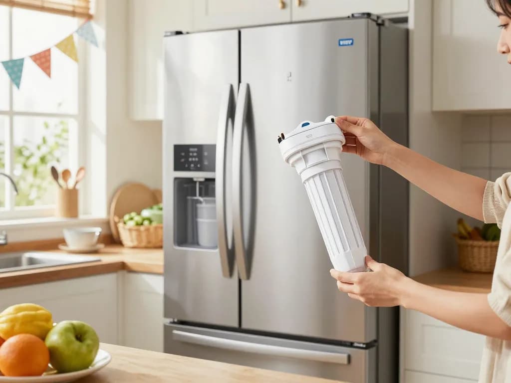 Effortlessly replacing the Waterdrop XWF Refrigerator Water Filter in a bright, modern kitchen with fresh fruits.