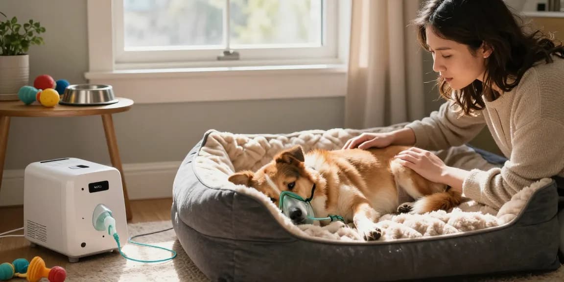 Oxygen therapy for pets using a home oxygen machine from https://www.petair.hk/ in a cozy living room.