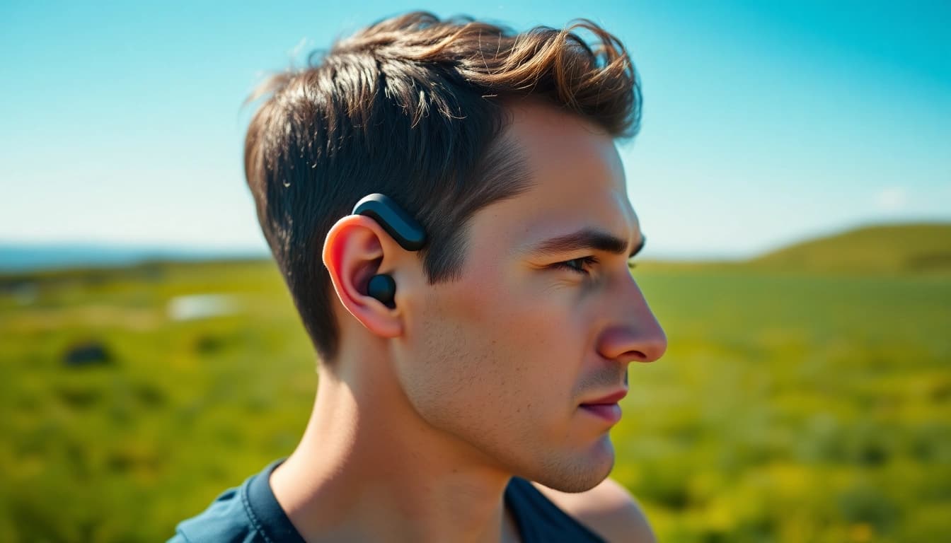 Experience F1 Bone Conduction Headphones worn by an athlete in an outdoor environment showcasing their sporty appeal.