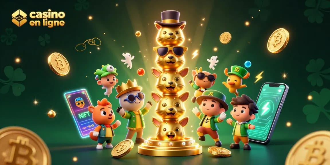 Jouez sur un casino en ligne avec un totem animé et des pièces de crypto-monnaie illuminées.