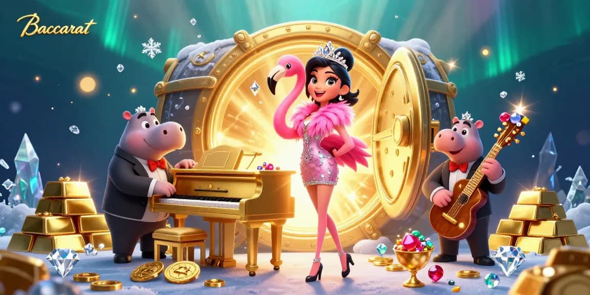Baccarat game scene with a flamingo singer and a hippo bassist surrounded by treasures and vibrant casino elements.