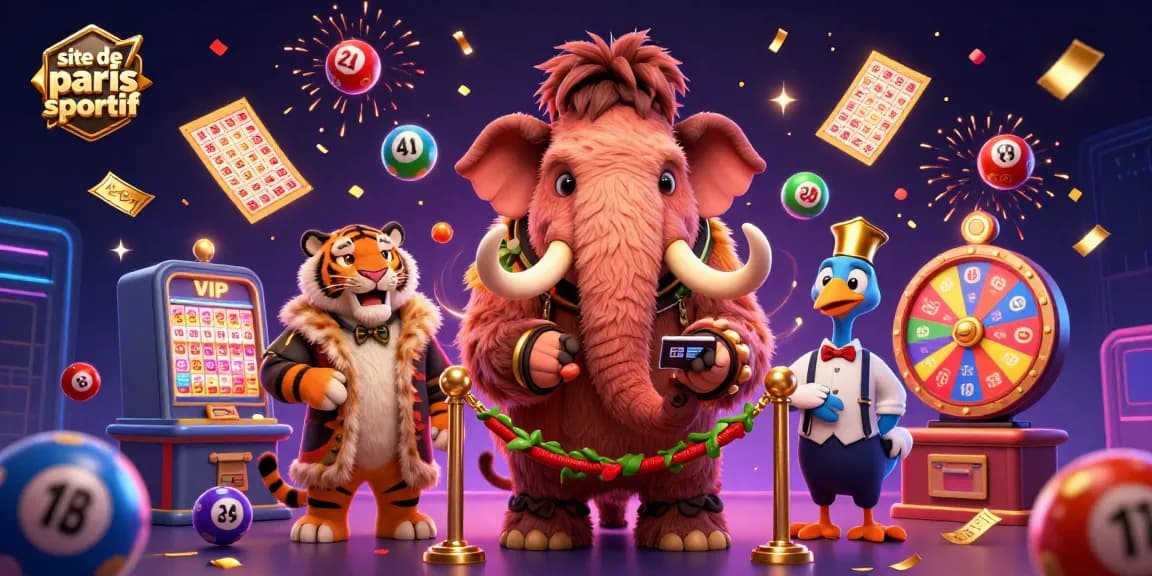 Animation colorée et festive sur un site de paris sportif avec un mammouth et un tigre.