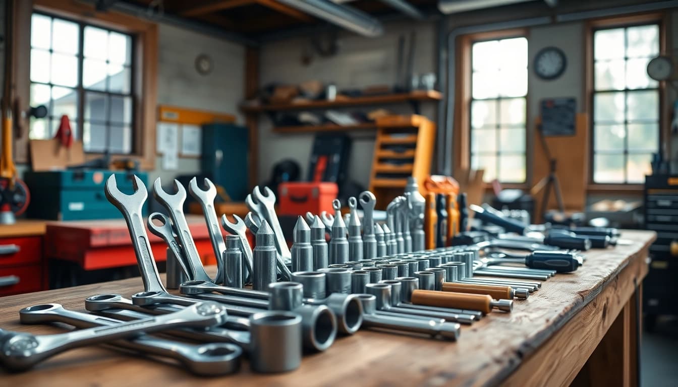 Entdecken Sie brillante Werkzeuge, die in einer professionellen Werkstatt ausgestellt sind und qualitativ hochwertige Handwerkskunst und Innovation demonstrieren.