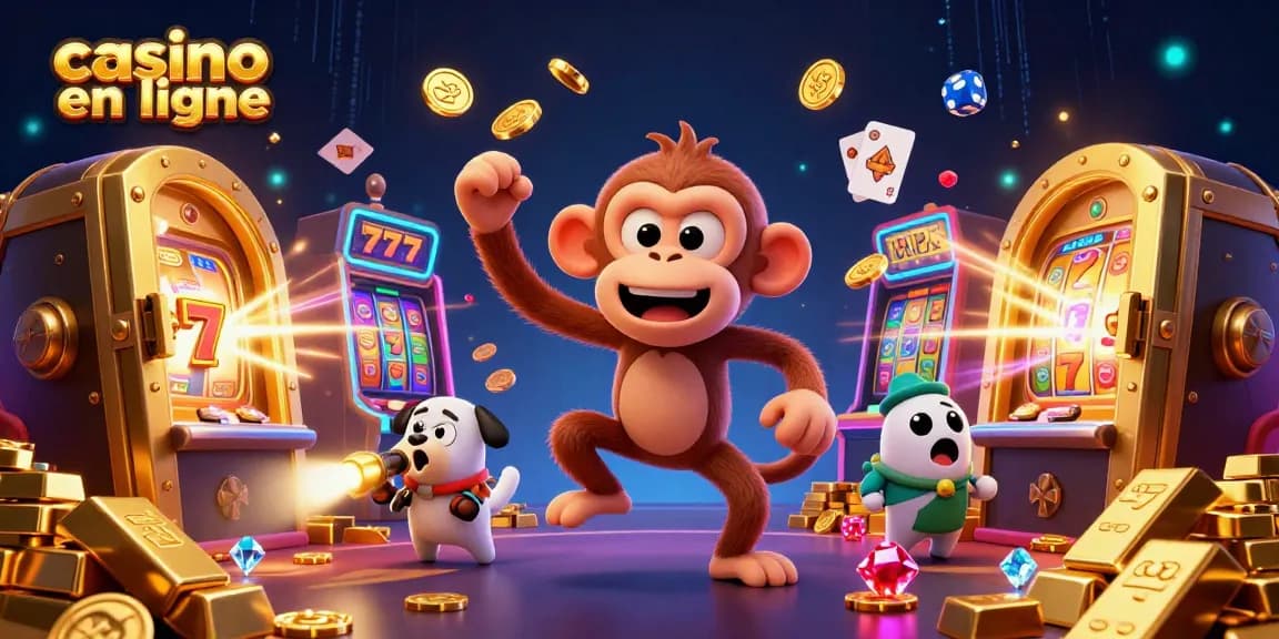 Un poltergeist dans un casino en ligne, jonglant des pièces et des dés, avec un chiot chasseur de fantômes.