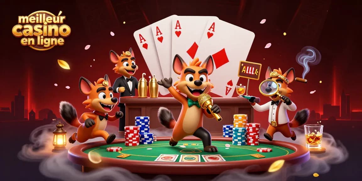 Jouez au meilleur casino en ligne avec des hyènes animées s'amusant autour d'une table de poker.