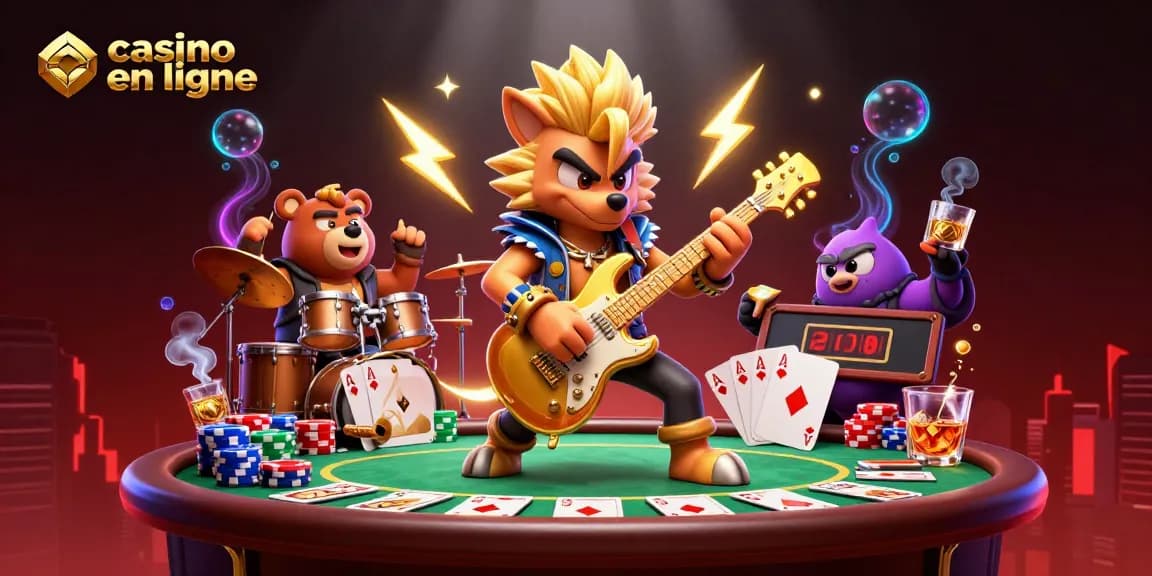 Casino en ligne animé avec un loup rockeur et des éléments de poker, vibrant d'énergie.