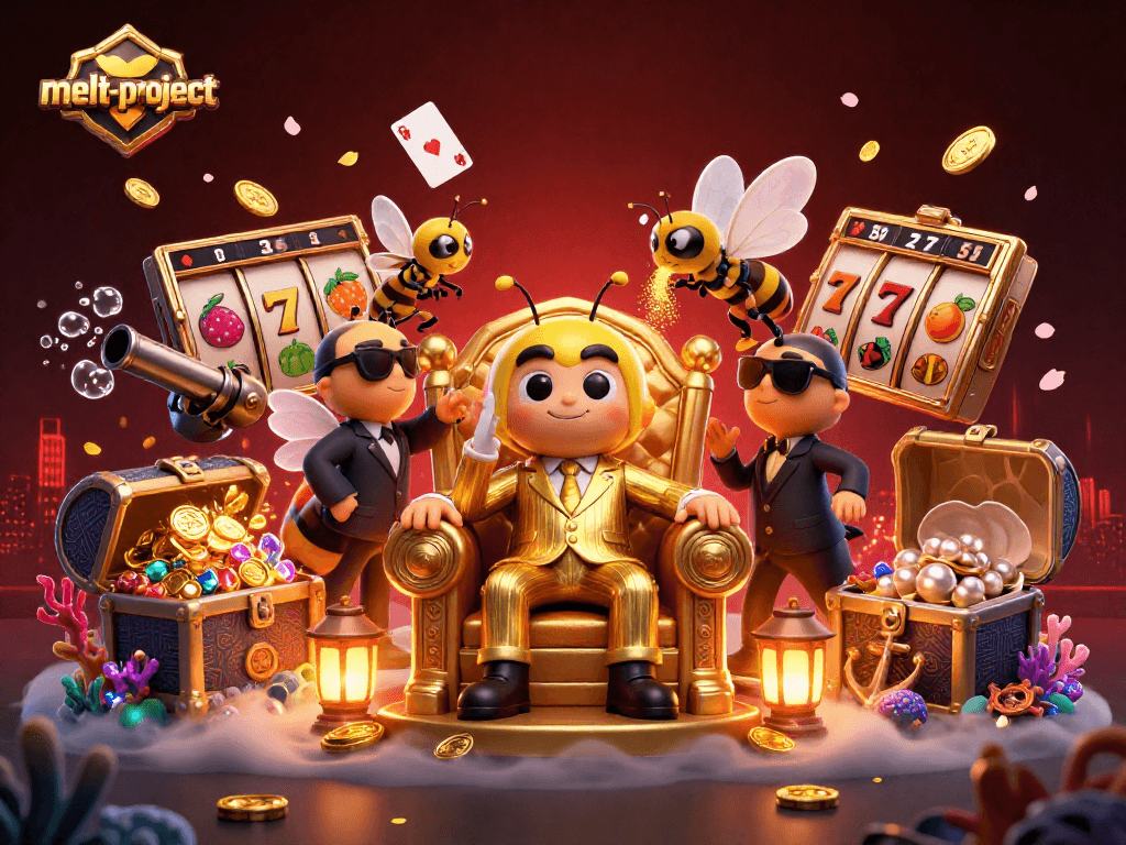 Melt-project showcases a bumblebee mob boss in a vibrant casino scene filled with gold coins and slot reels.