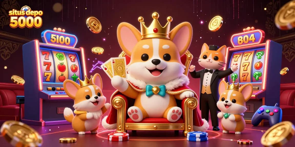 Situs depo 5000 menghadirkan tampilan slot ikonik dengan korgi kerajaan yang bersinar di atas tumpukan chip poker