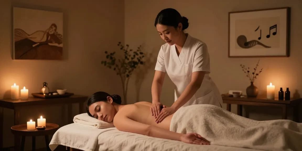 Massage therapist providing a calming 마사지 experience in serene spa room with soft lighting.