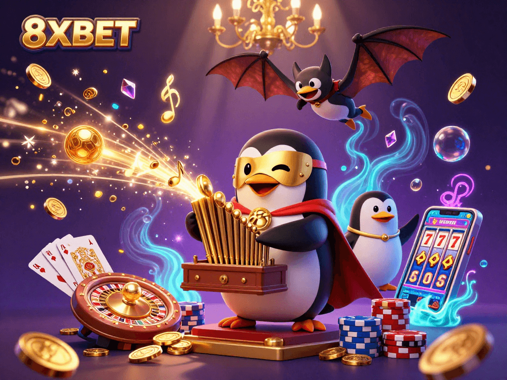 Engage in thrilling casino fun with 8XBET featuring a penguin playing an organ with golden coins.