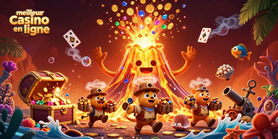 Illustration dynamique du meilleur casino en ligne avec un volcan doré éruptif et des trésors.