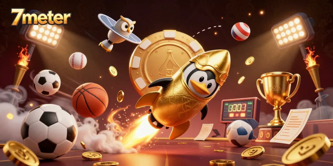 Experience dynamic sports betting with 7meter's golden penguin and vibrant gaming elements.