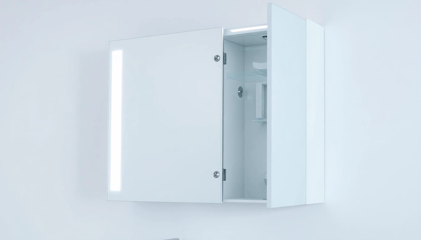 Spiegelschrank mit LED Beleuchtung in modernem Badezimmer mit stilvollem Design und praktischem Stauraum.