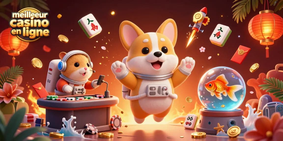 Jouez au meilleur casino en ligne avec un corgi astronaute et des jetons flottants dans une scène dynamique.