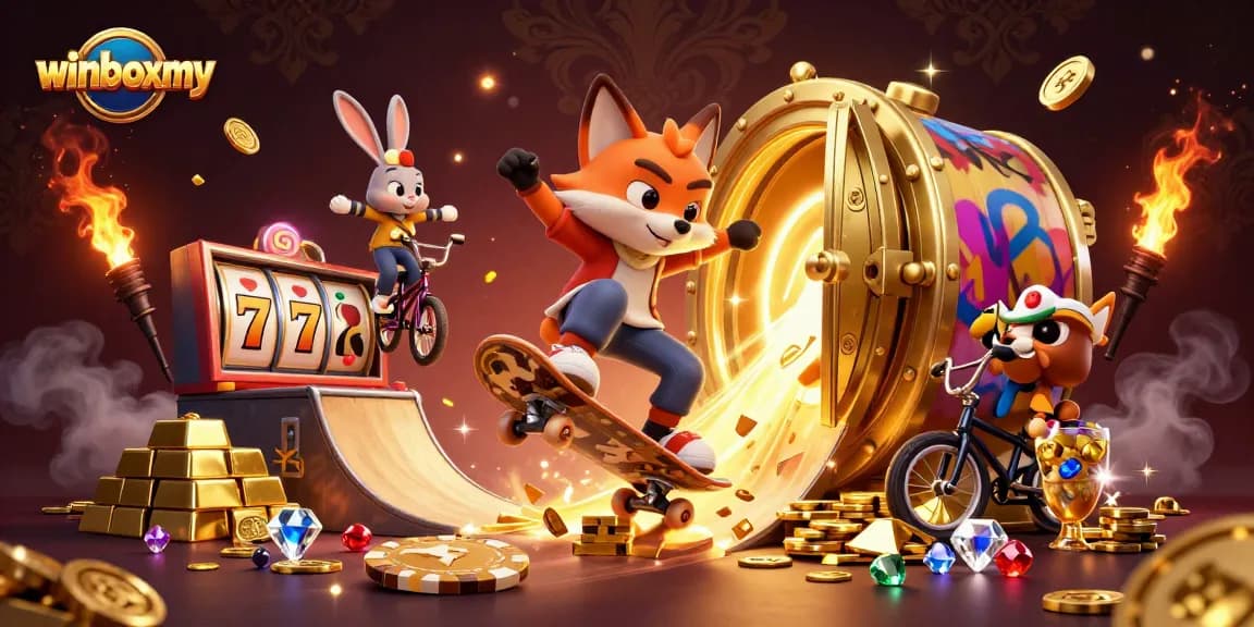 Winboxmy offers thrilling gameplay with a dynamic scene featuring a fox and rabbit in a rich casino atmosphere.