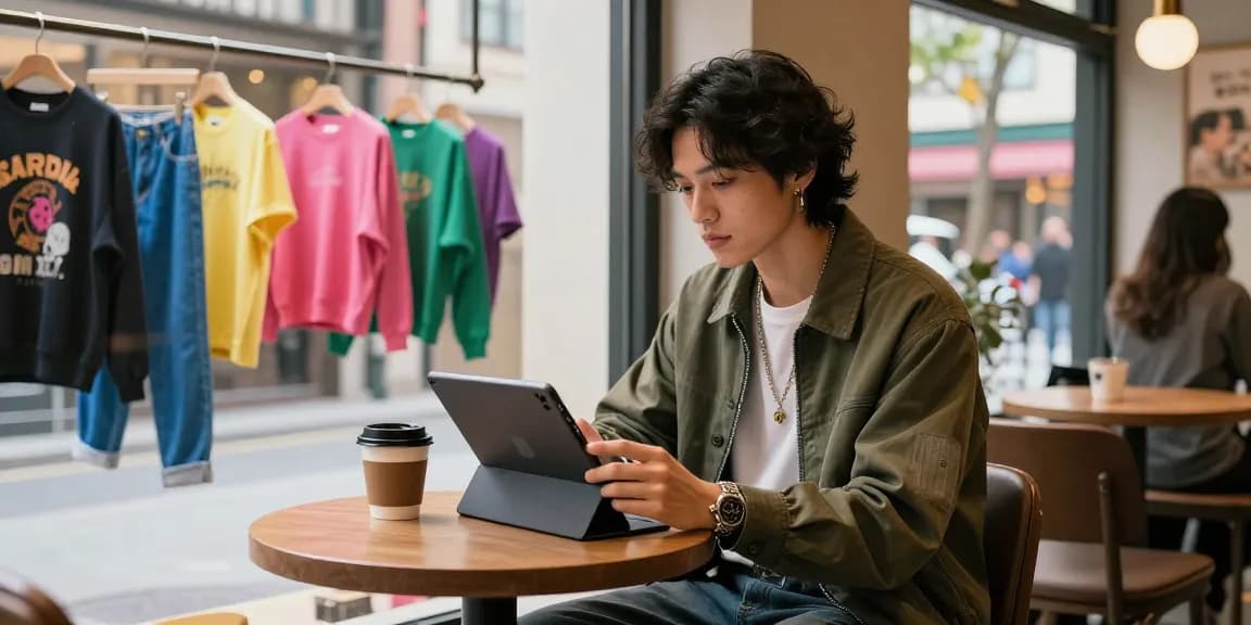 Individual exploring a 레플리카 쇼핑몰 on a tablet at a trendy coffee shop, showcasing stylish urban fashion.
