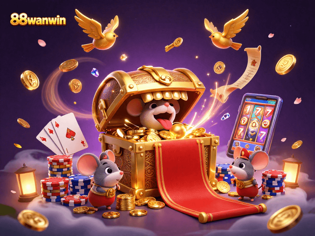 Win big at 88wanwin with a vibrant scene of adventurous mice and a treasure chest filled with gems.