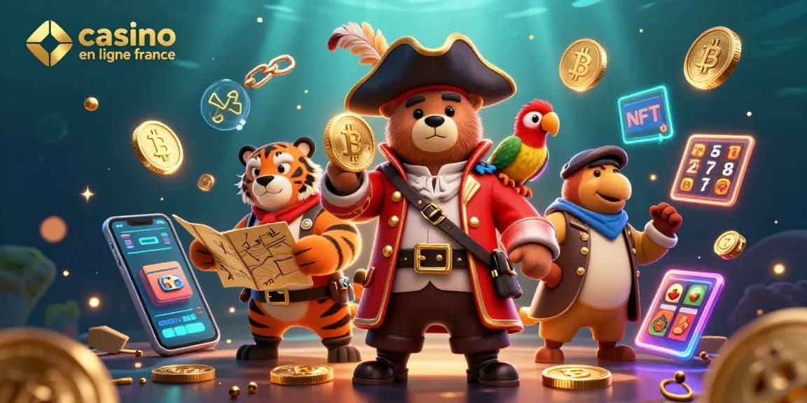 Illustration 3D captivante mettant en scène un ours pirate et un tigre, promouvant le casino en ligne France.
