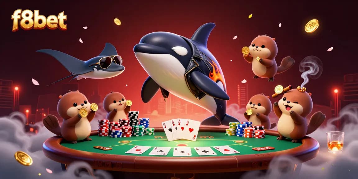 Engage with f8bet at this vibrant online casino scene featuring a playful orca, stingray, and otters enjoying a poker game.