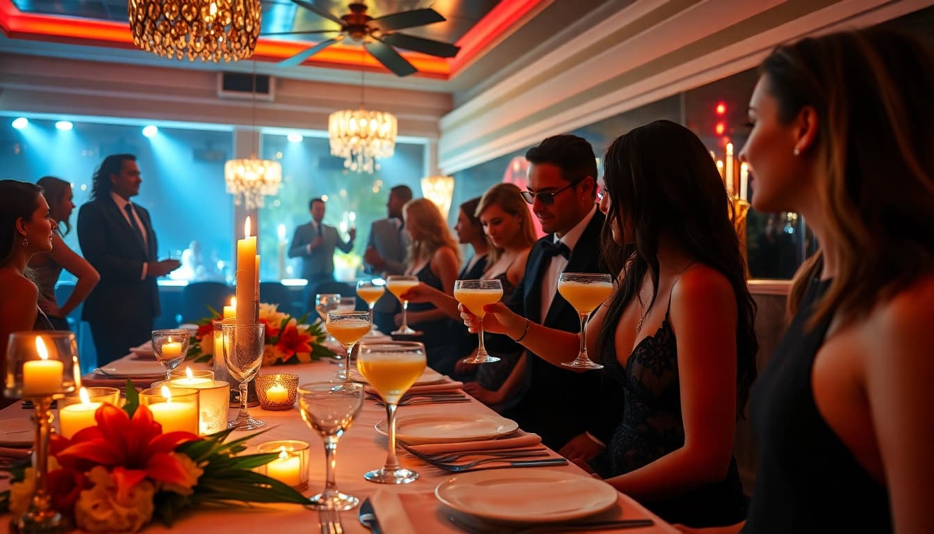Dinner sxm experience at Club Noir, featuring cocktails and elegant performers in a vibrant atmosphere.