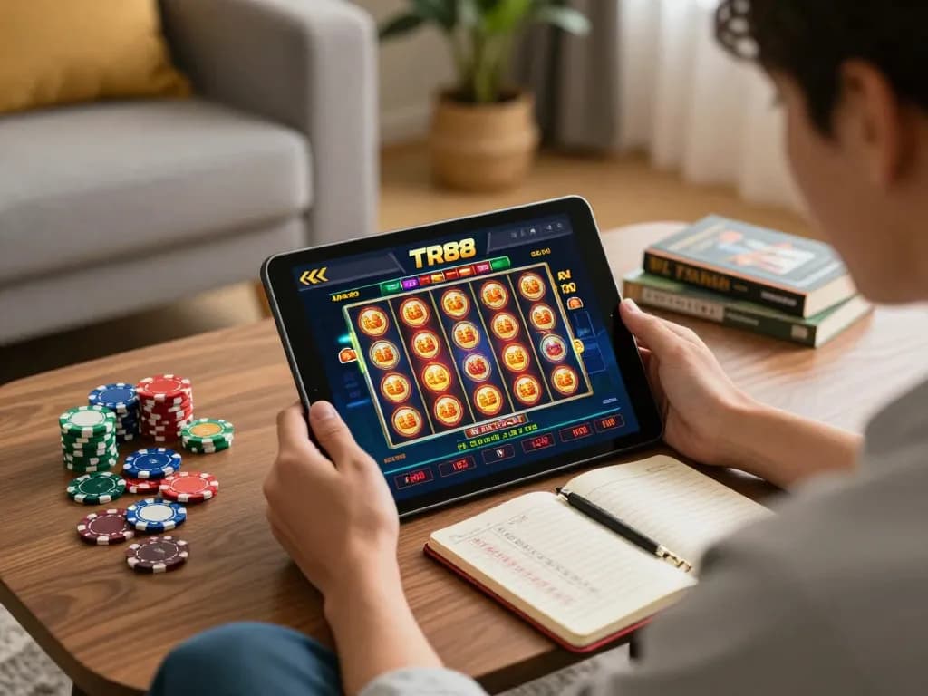 Playing TR88 online casino on a tablet at home, showcasing vibrant game interface and strategic elements.