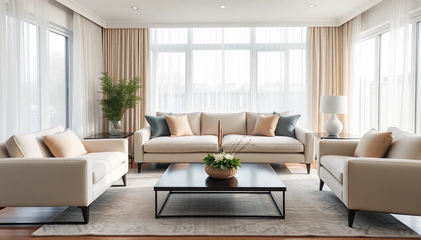Experience Seamless Living in a modern, beautifully designed living room with natural light and minimalist decor.
