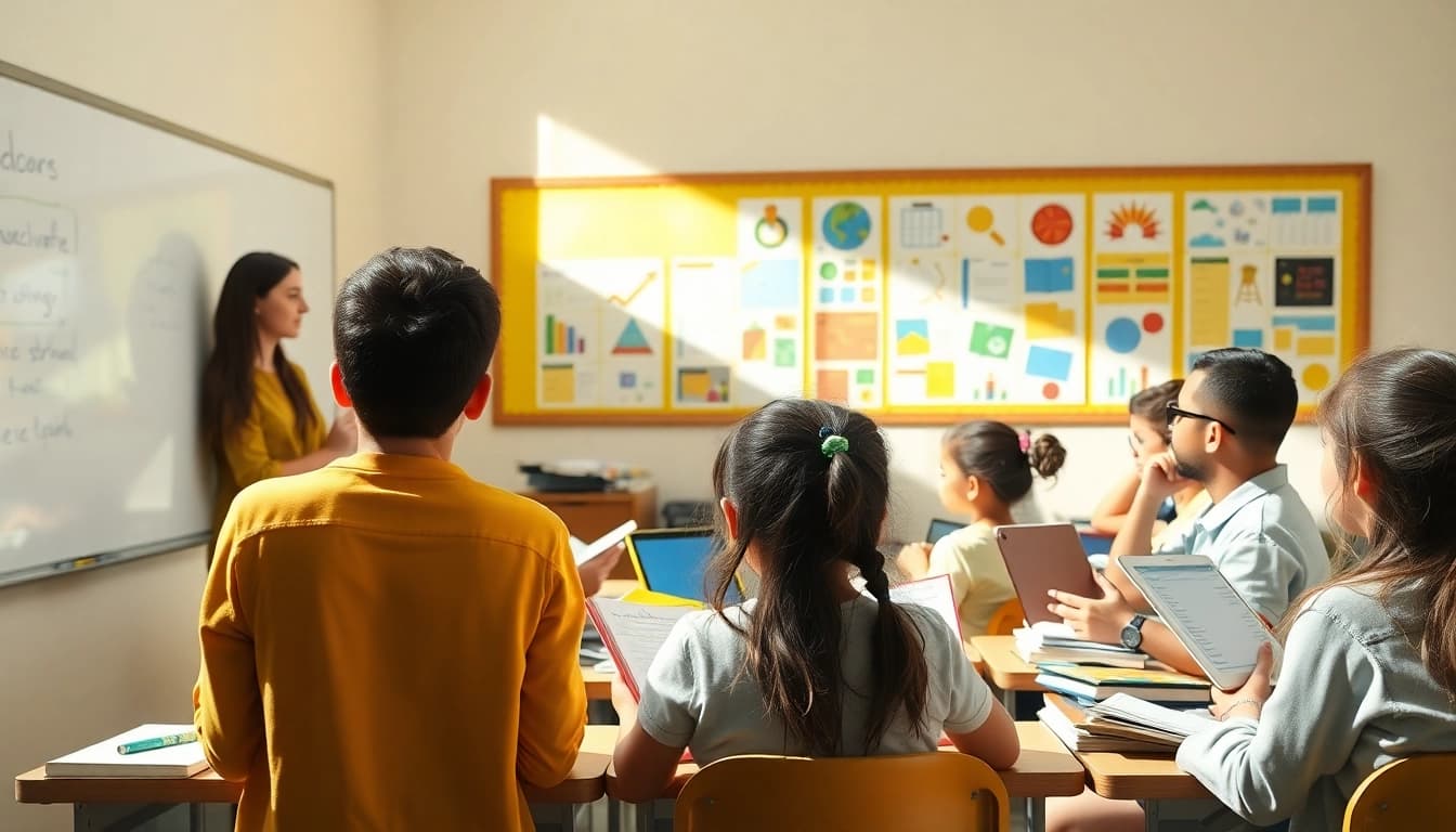 Engaged students interacting with tools promoting Education in a dynamic classroom setting.