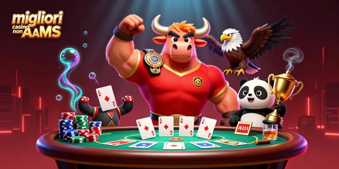 Gioca nei migliori casino non AAMS vincendo con il bull mascherato e amici in un'illustrazione vivace!