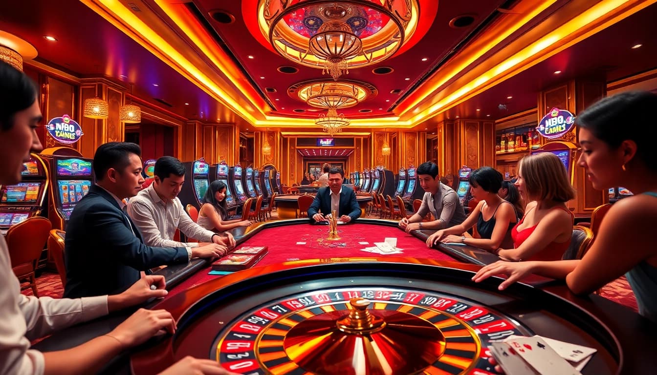 Engaged players enjoy a thrilling mm88 poker game at a luxurious casino table, surrounded by vibrant gaming elements.