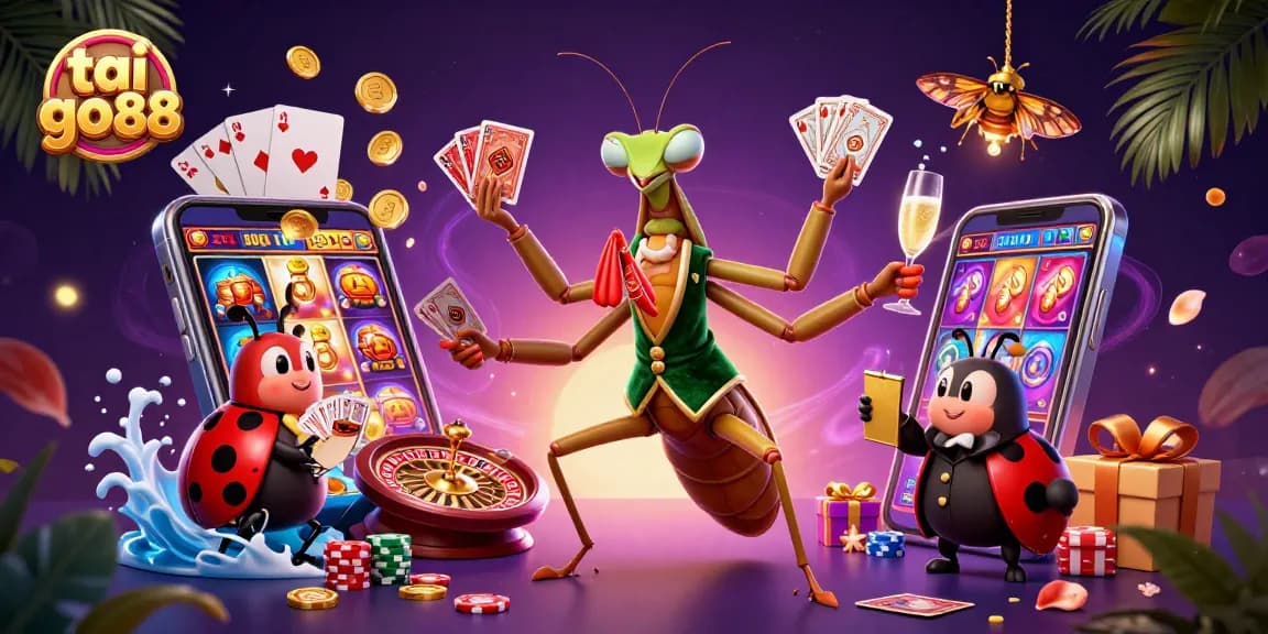 Experience the excitement of tai go88 with a dynamic casino scene featuring colorful slots and gambling elements.