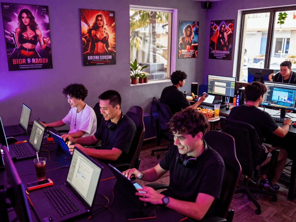 Exciting gaming lounge scene showcasing players engaged in porngame on various devices.