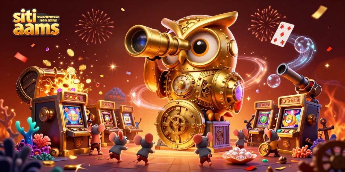 Siti scommesse non aams, la sorprendente illustrazione di un gufo d'oro che sorveglia un casinò affollato con dettagli festivi e atmosfere di gioco.
