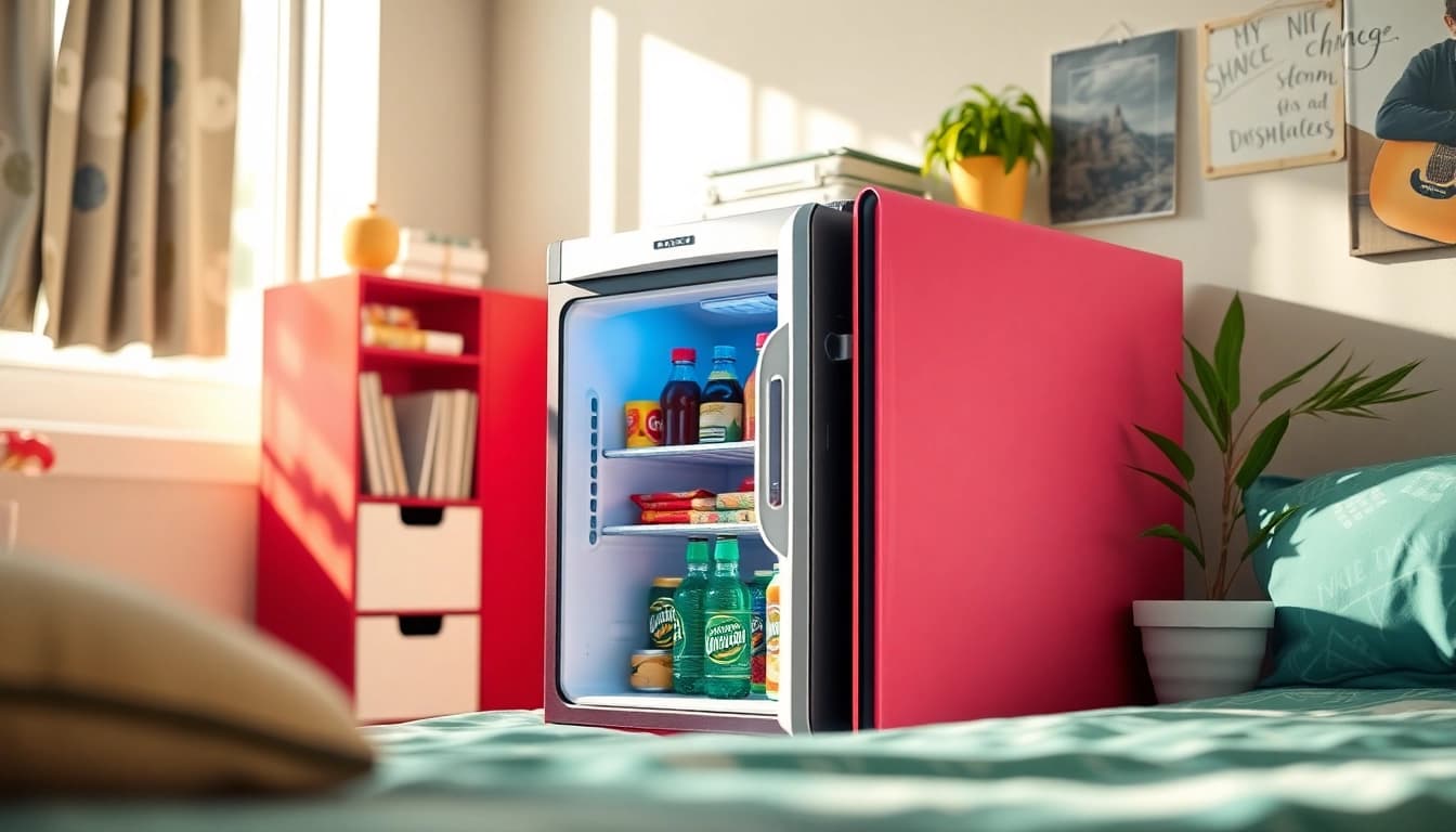 Dorm room fridge filled with snacks and drinks in a cozy college dorm setting.