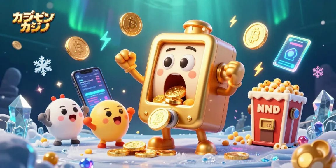 オンラインカジノのゴールデンスロットマシンがジャックポットを獲得し、コインが口から流れ出るシーン
