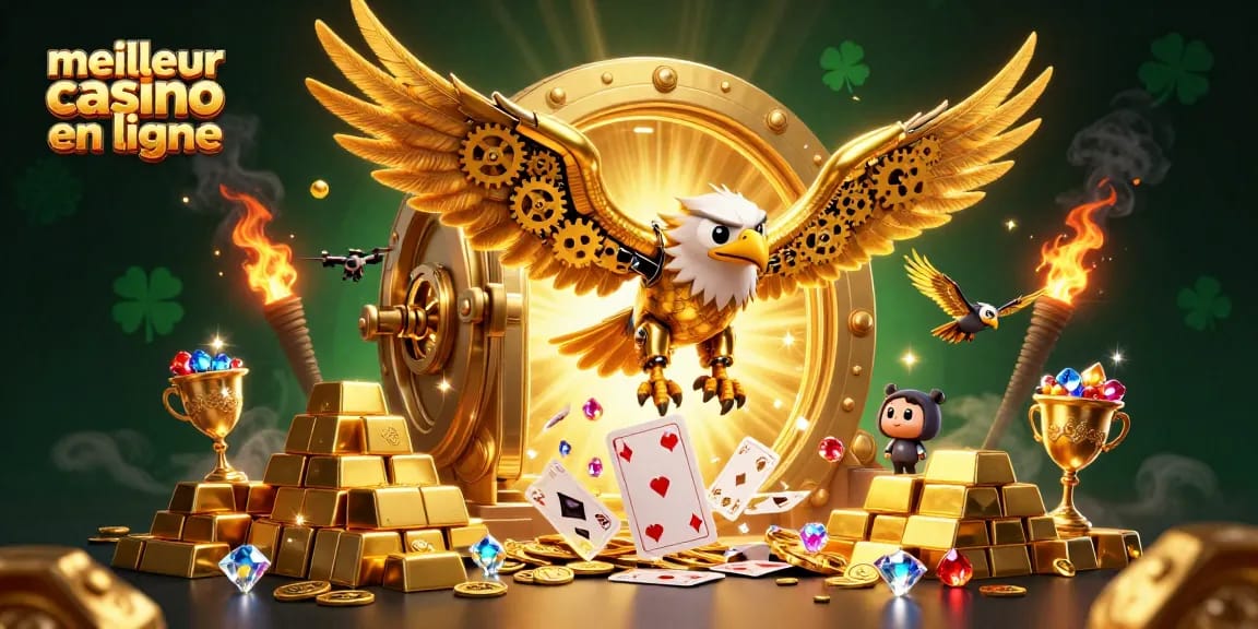 Découvrez le meilleur casino en ligne avec une illustration dynamique d'un aigle en or sur fond de cartes et de trésors.