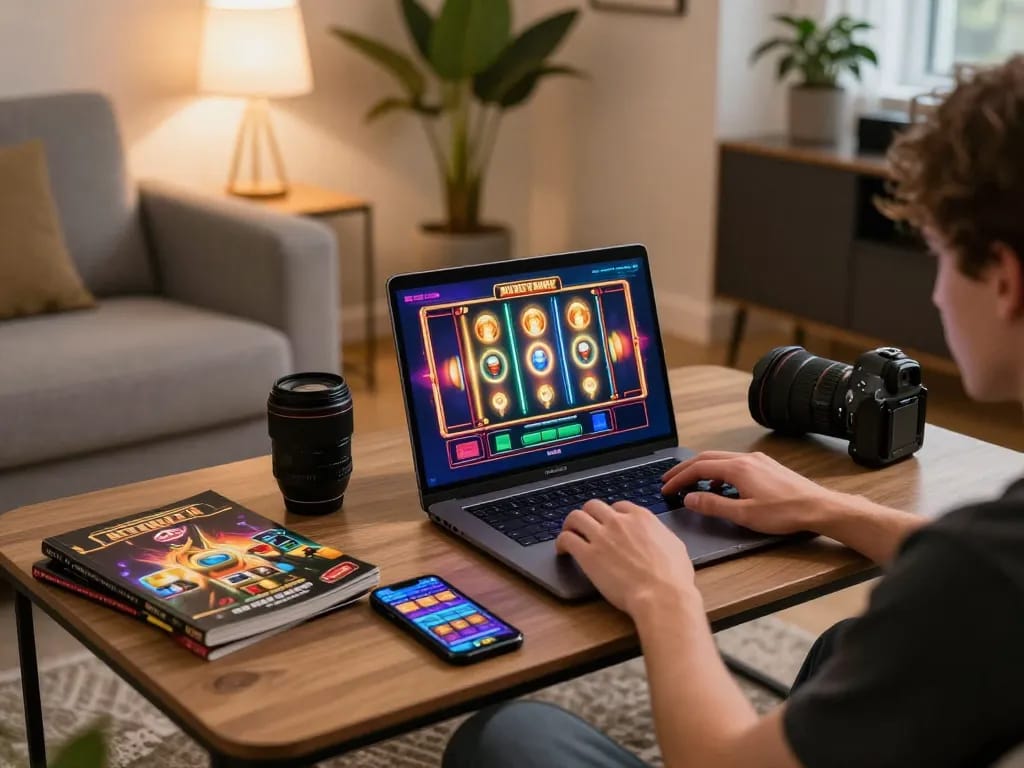 Experience F168 online gaming with a player spinning slot reels in a cozy living room