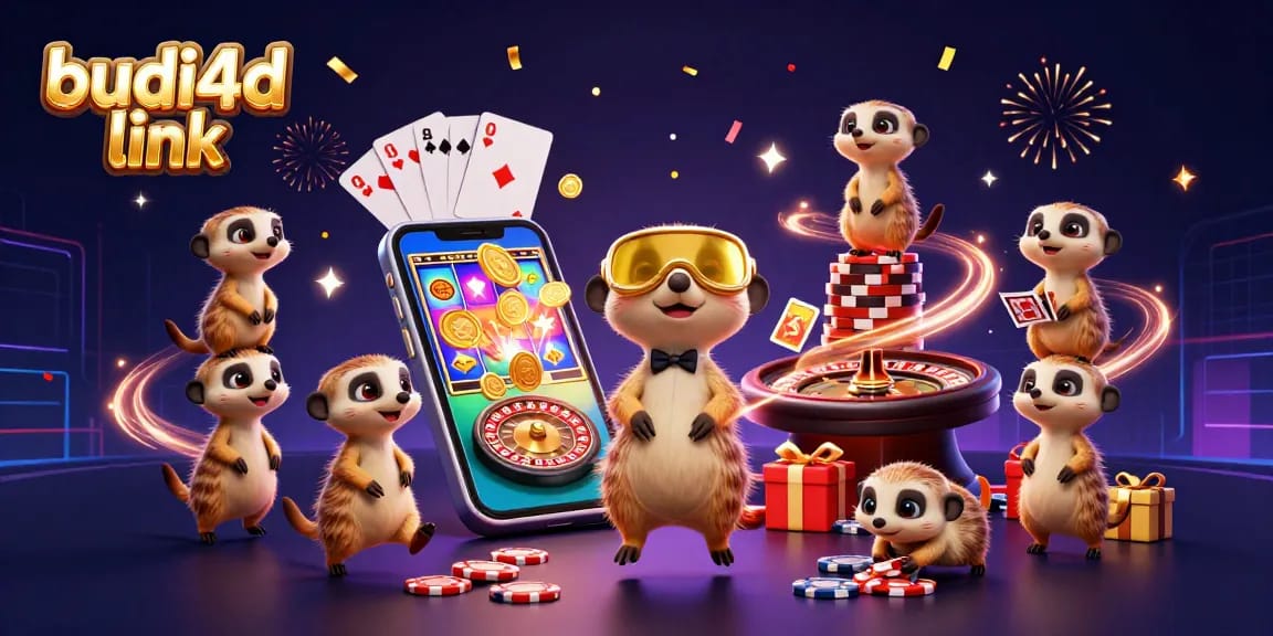Experience the excitement of budi4d link as meerkats handle vibrant casino operations, featuring games and celebration.