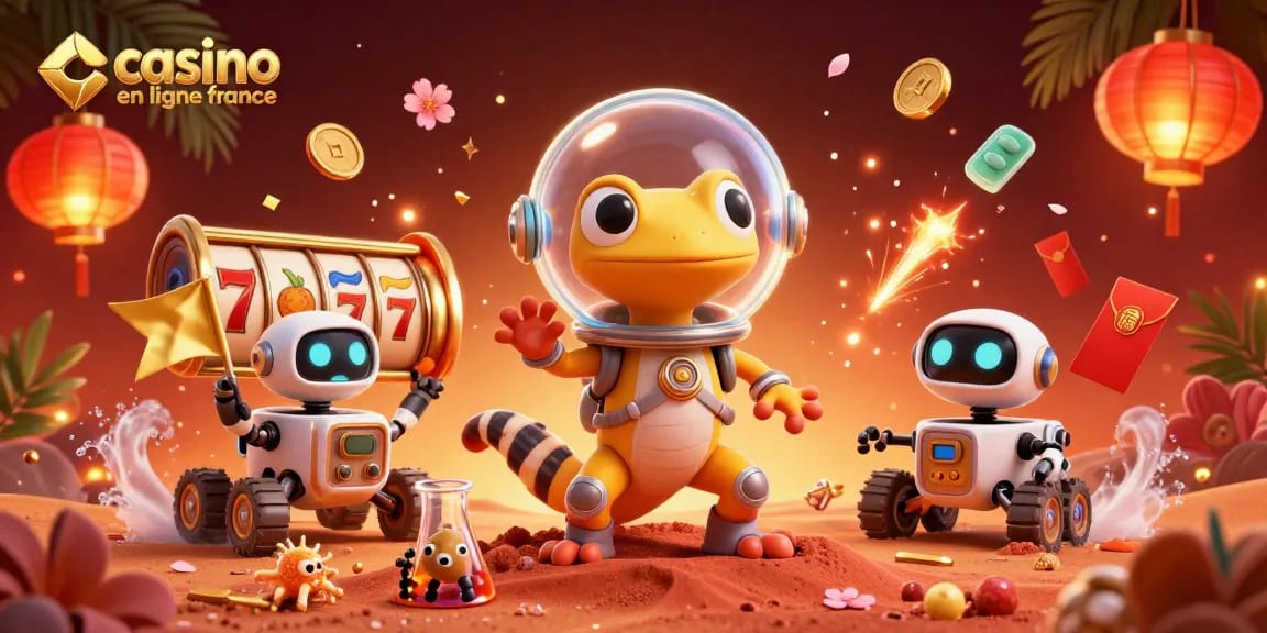Découvrez un casino en ligne France vibrant avec notre gecko martien et sa mascotte robot.